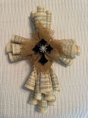 Sheet Music Cross Wall Hanging with Burlap and Rhinestone